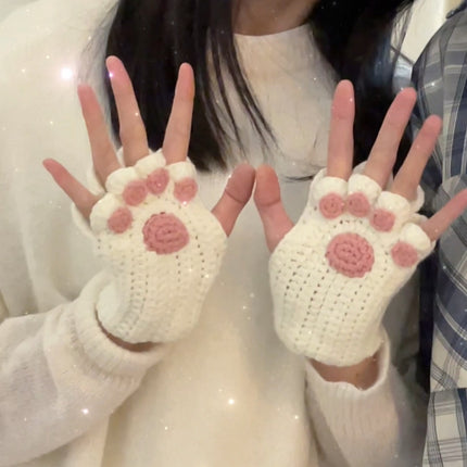 Gants en forme de patte de chat faits à la main en laine tissée à la moitié des doigts, jolis et chauds, cadeau d'hiver pour petite amie
