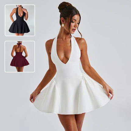 Robe sexy à col en V profond et dos nu pour femme, tenue courte et slim à la mode pour les fêtes
