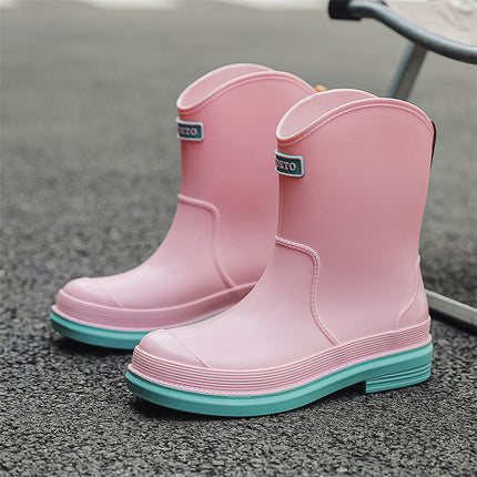 Bottes en caoutchouc imperméables à mi-mollet pour femmes, chaussures à la mode et polyvalentes, de couleur contrastée