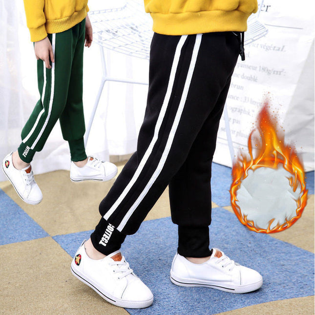 Baby winter clothing plus velvet pants with striped design and flame warmth symbol.