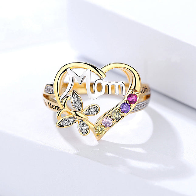 Mother's Day Gift Hollow Heart English Letter Love Mom Rhinestone Butterfly Finger Ring