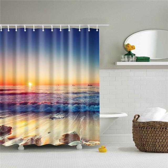 3D seascape beach digital printing shower curtain in modern bathroom.