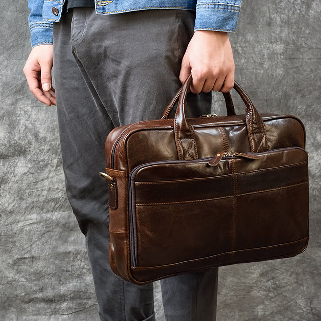 Vintage Men's Genuine Leather Briefcase, Business Commuter Bag, 17-inch, 20L