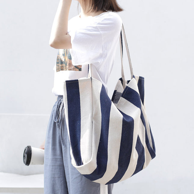 High Capacity Striped Canvas Shoulder Bag for Women