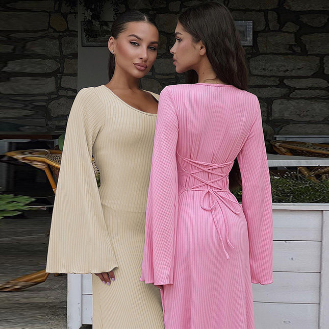 Back Lace-up Long Bell Sleeve Dresses Women