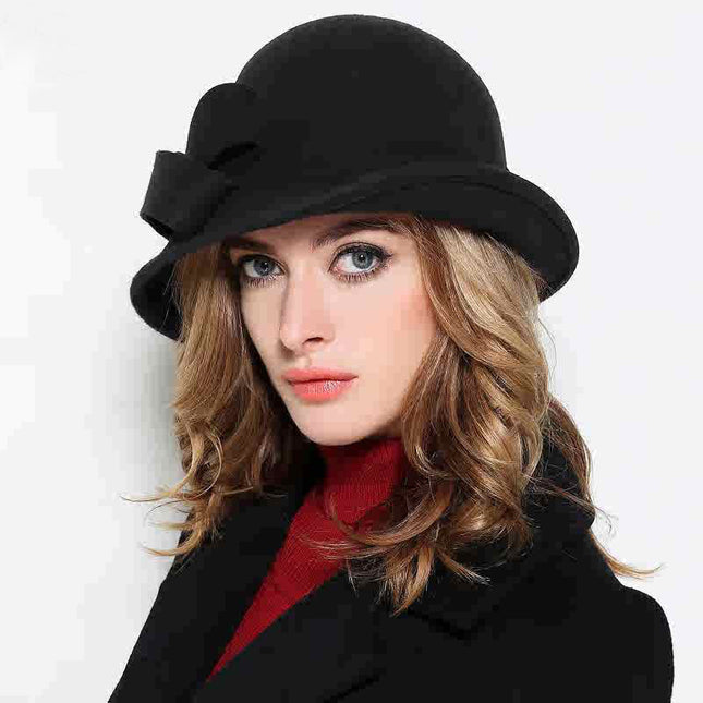 Chapeau melon en laine rétro élégant de style français pour femme avec nœud frisé