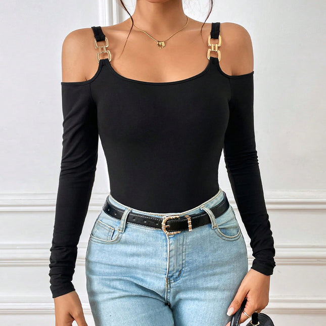 Off-Shoulder Metal Hook Long-Sleeved Sexy Top