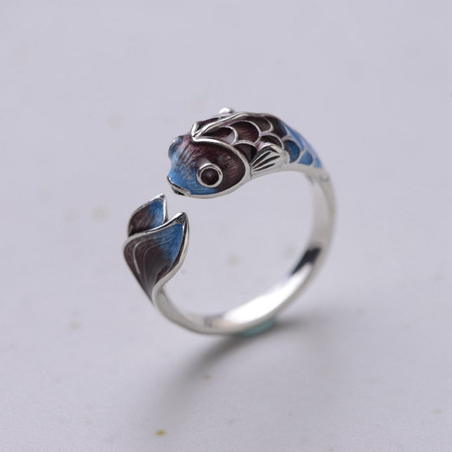 Silver Retro Blue Koi Fish Ring