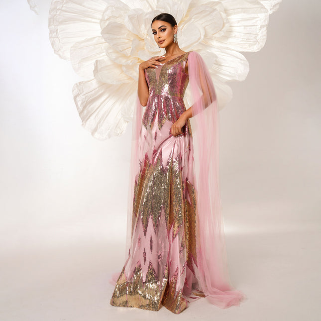 Long Sleeve V-neck Sequins Large Swing Evening Dress
