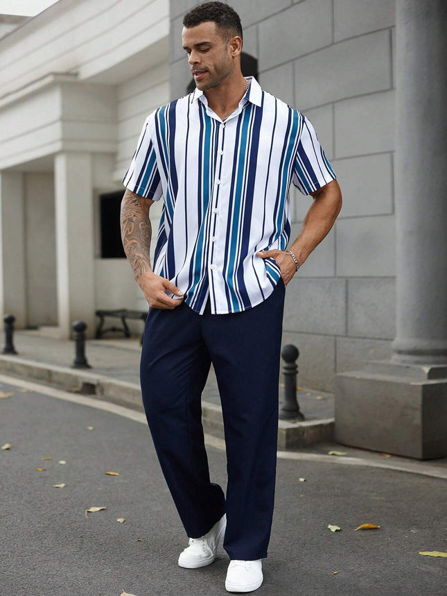 Casual Striped Shirt & Trousers Set