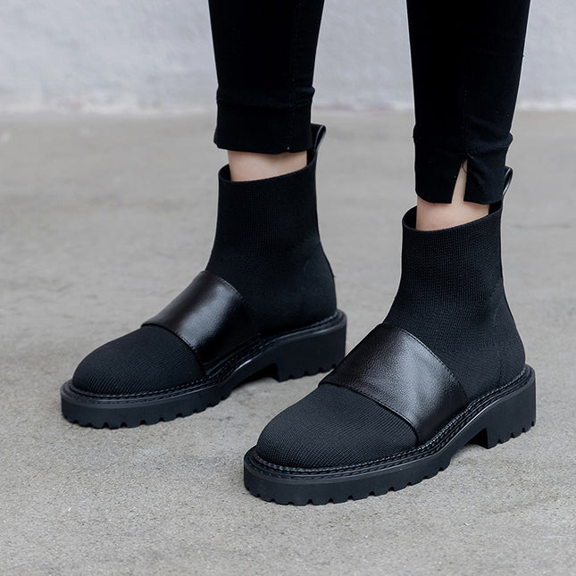 Waterproof Leather Mid Boots for Women with Thick Heel & Platform