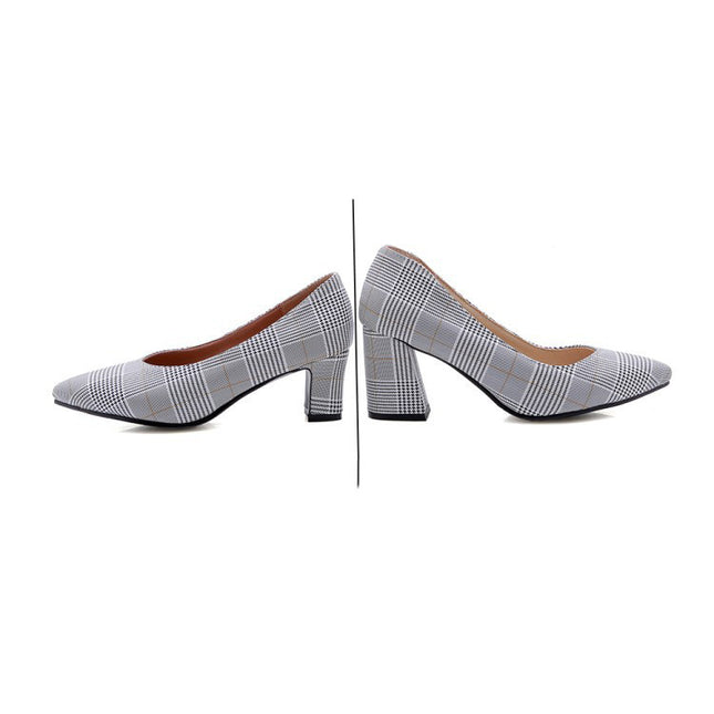 Plaid Pointed Pumps with Thick Heel and Color Stitching