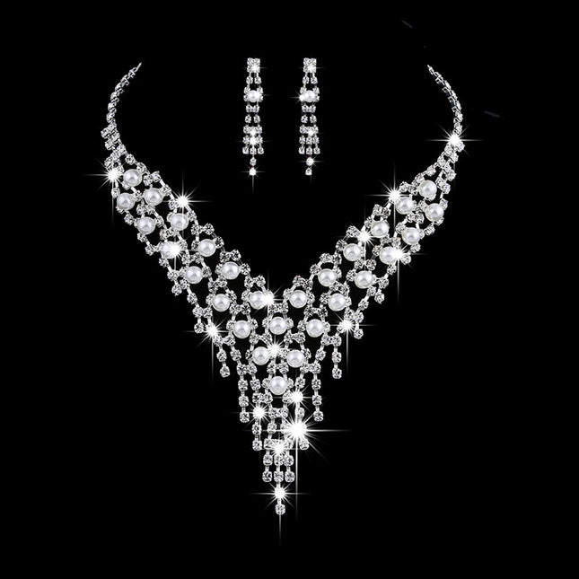 Pearl Rhinestone Necklace Earring Jewelry Set