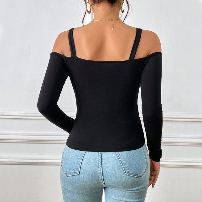 Off-Shoulder Metal Hook Long-Sleeved Sexy Top