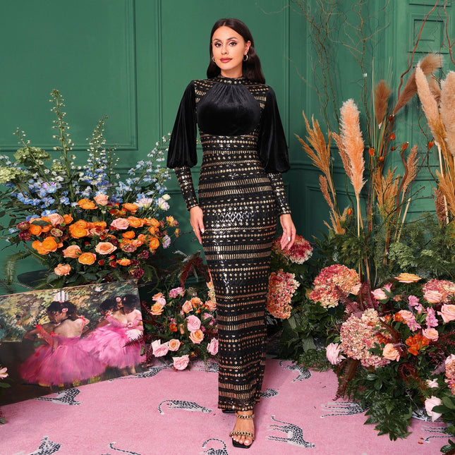 Robe de soirée fendue à manches longues et col rond avec sequins