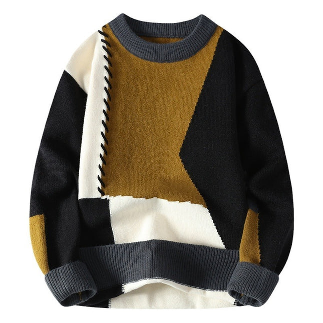 Pull vintage pour homme, pull en tricot ample à col rond et patchwork de couleurs contrastées
