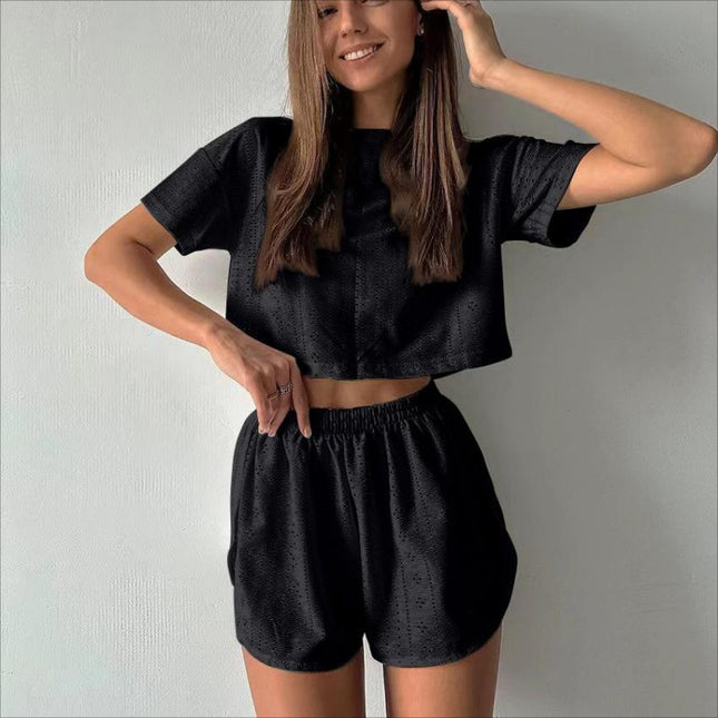 2pcs Casual Hollow Suit with Short Sleeves