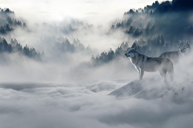 Wolf looking at mountain pattern tapestry, featuring wolves and misty mountain landscape for wall decor.