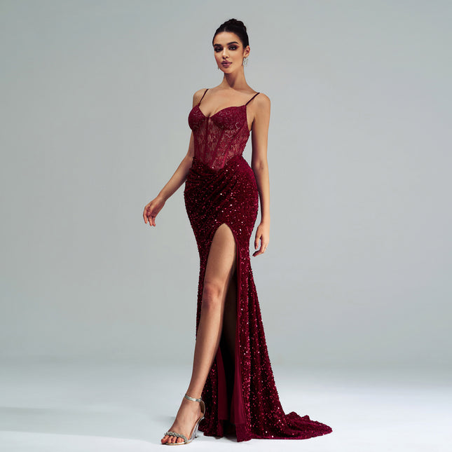 Spaghetti Straps Sleeveless Sequined High Slit Cocktail Dress