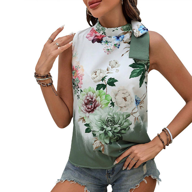 Printed Sleeveless Halter Lace-up Shirt