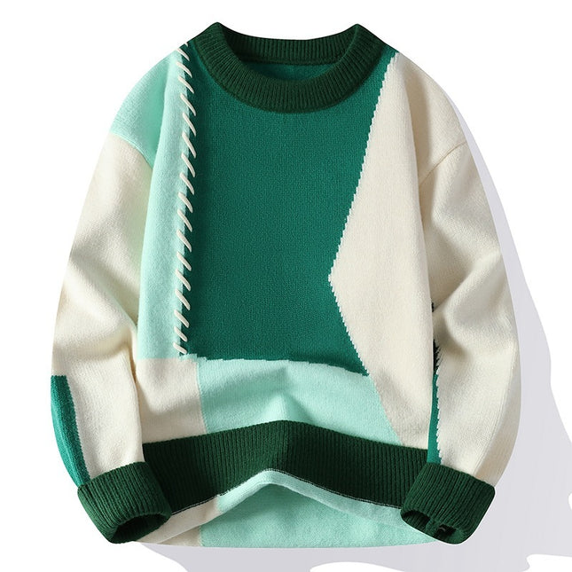 Vintage Sweater Men's Color Contrast Patchwork Round Neck Loose Knitted Sweater