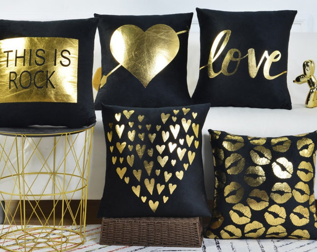 Velvet Black Gold Heart Love Cushion Cover