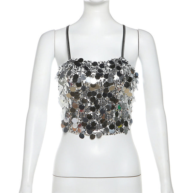 Sequined Sexy Halter Lace-Up Vest