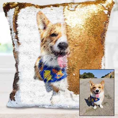 Custom Sequin Photo Pillow Cover with personalized pet image and reversible gold sequins.