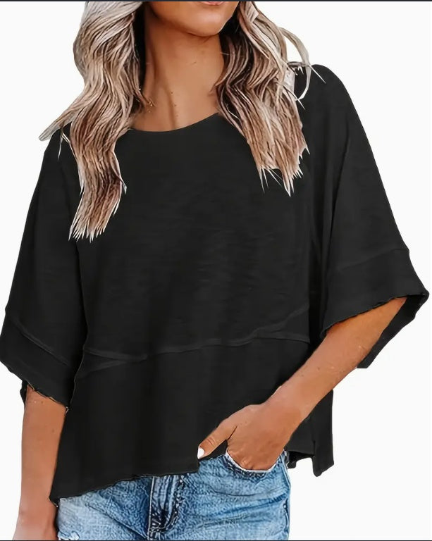 Solid Color Crew Neck Loose Basic T-shirt