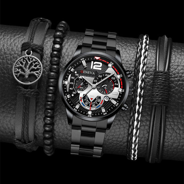 2pcs Men's New Popular Steel Strip Fashion Business Three-Eye Quartz Watch & Bracelet Set