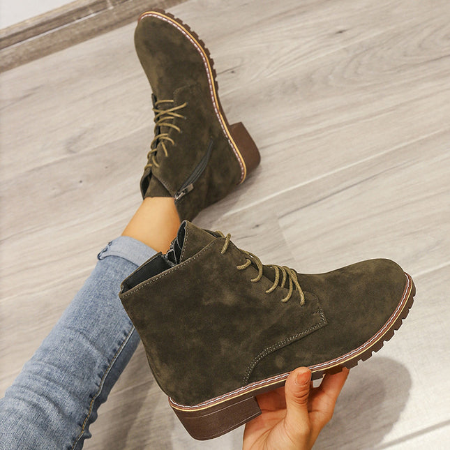 Women's Round Toe Martin Boots Suede Middle Heel Boots