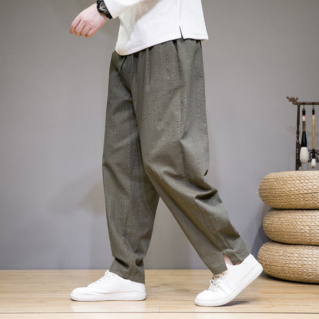 Cotton and Linen Chinese Style Men's Trend Stripes Loose Casual Pants