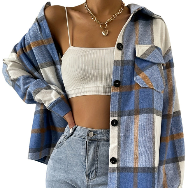 Woolen Long-Sleeved Plaid Coat
