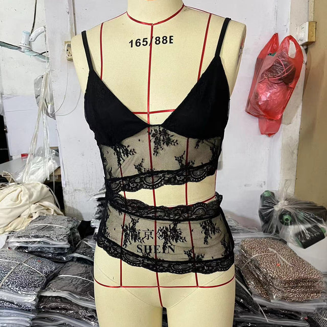 Lace Stitched Backless V Neck Tank Top