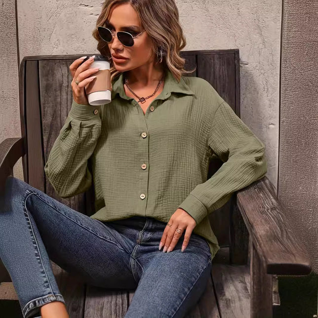 Women's Solid Color Front Button Drop Shoulder Shirt
