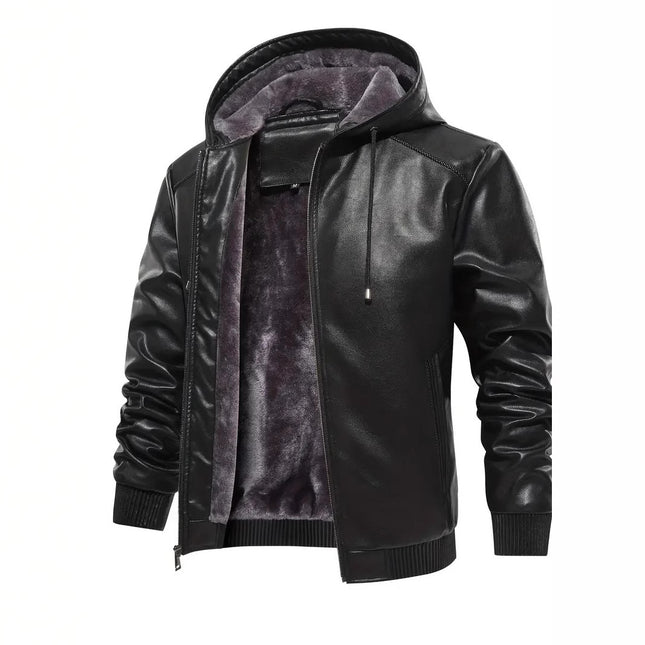 Manteau en cuir à capuche doublé polaire pour homme