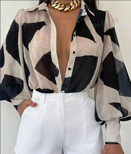 Geometric Print Lantern Sleeve Blouse