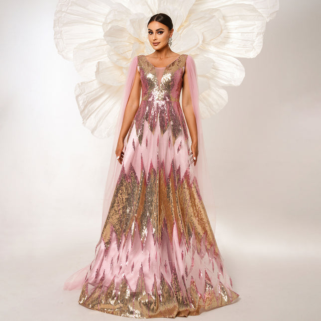 Long Sleeve V-neck Sequins Large Swing Evening Dress
