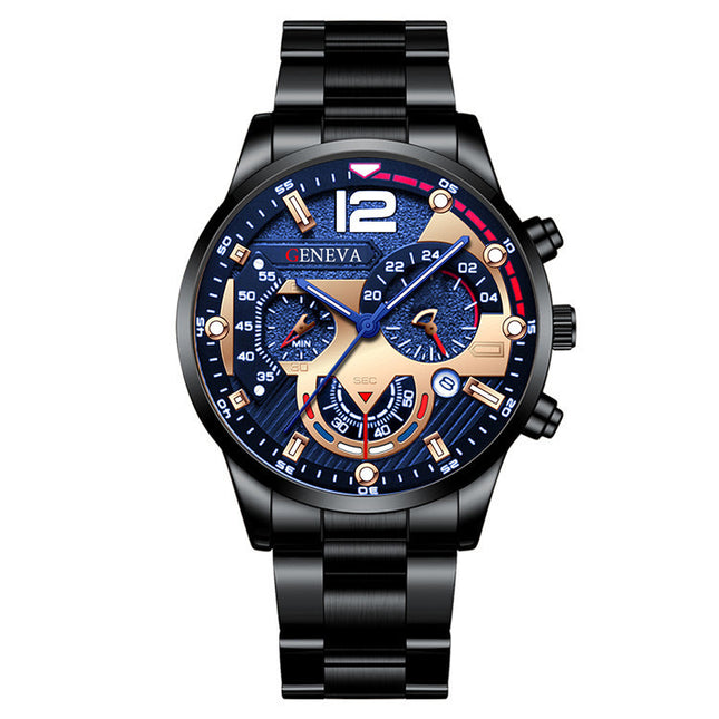 2pcs Men's New Popular Steel Strip Fashion Business Three-Eye Quartz Watch & Bracelet Set