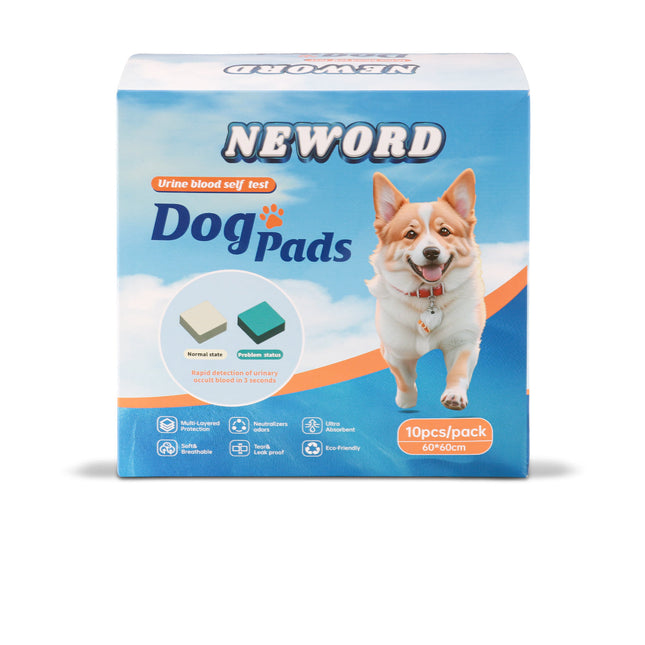 Dog Detection Urine Pad packaging with a dog image, 10 pads per pack, 60x60 cm size.