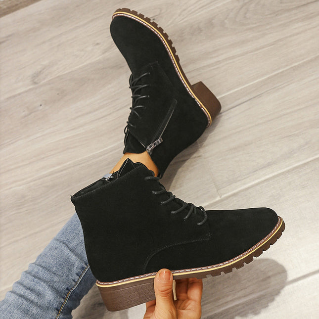 Women's Round Toe Martin Boots Suede Middle Heel Boots