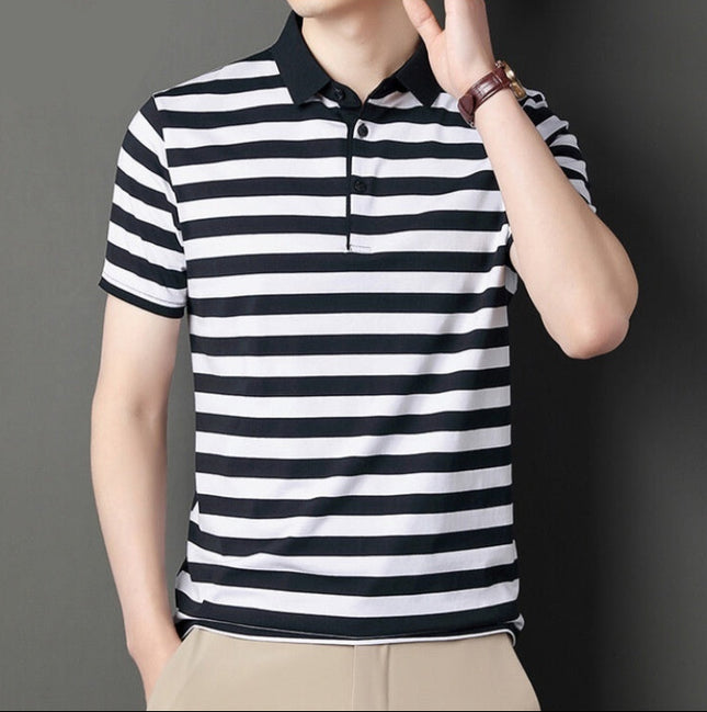 Summer Short-Sleeved T-shirt Men's Cotton Ice Silk Polo Collar Stripes