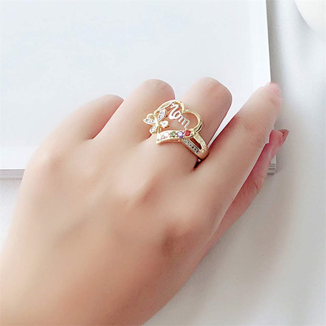 Mother's Day Gift Hollow Heart English Letter Love Mom Rhinestone Butterfly Finger Ring