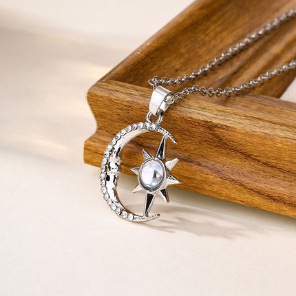 Moon & Star Zircon Pendant Necklace