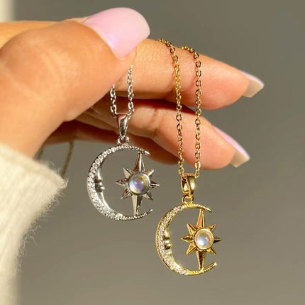 Moon & Star Zircon Pendant Necklace